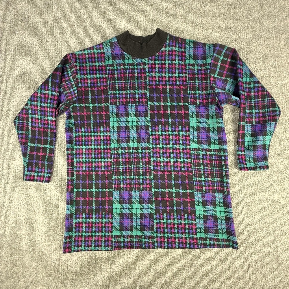 Vintage Act III Sweater Womens XL Multicolor Plaid Mock Neck Tunic Long Sleeve